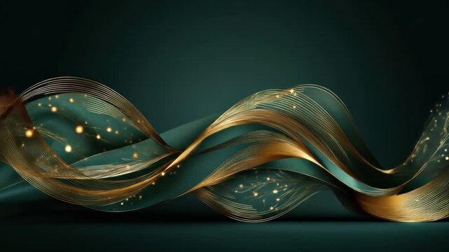 An abstract image featuring flowing gold strands and teal forms, with books in the background