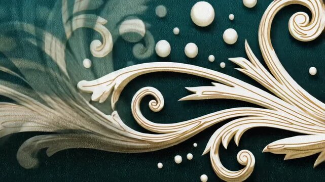 A detailed, stylized floral scroll pattern in off-white and gold against a dark teal background
