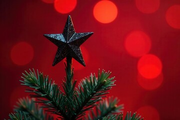 Dark Star Ornament Atop Festive Evergreen Tree Against a Red Bokeh Background