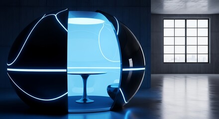 Futuristic spherical pod with blue interior lighting and a single table and seat set in a modern concrete room with a large window view capsule neon glowing technology design futuristic architecture