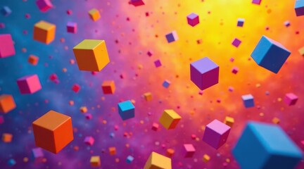 Vibrant Cubes Falling Through a Colorful Nebulous Sky, Abstract Digital Art Representing Data Flow and Innovation