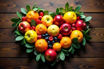 A heart-shaped arrangement of vibrant fruits and berries, nestled amongst lush green leaves, rests on a rich, dark wood surface.