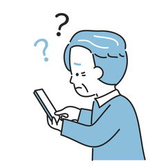 スマホを見て困っている高齢者男性｜スマホ教室や高齢者向けサービスの説明に使いやすいイラスト