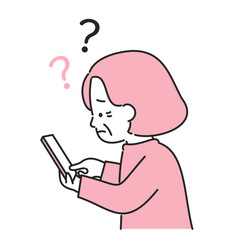 スマホを見て困っている高齢者女性｜スマホ教室や高齢者向けサービスの説明に使いやすいイラスト