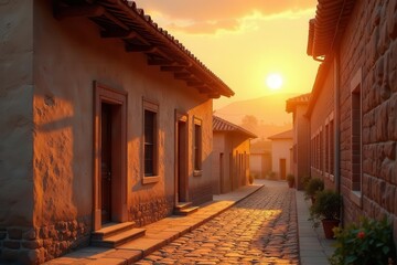Golden Hour Illumination on a Cobblestone Street with Rustic Buildings