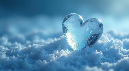 A crystalline heart rests gently in a field of pristine, untouched snow, bathed in the soft glow of a winter's day.