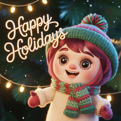 Cute Winter Doll with Cozy Knit Outfit in Snowy Holiday Scene . Thank You .