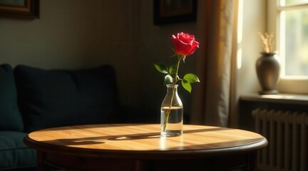 Sunlight illuminates a single red rose in a clear glass bottle, elegantly placed on a wooden table near a comfortable sofa and window.