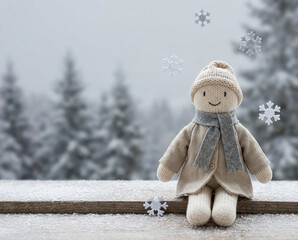Cute Winter Doll with Cozy Knit Outfit in Snowy Holiday Scene . Thank You .