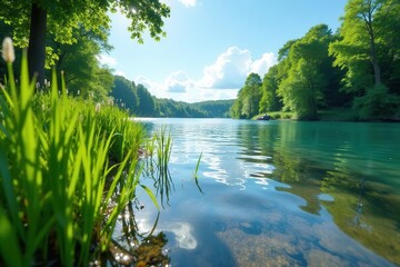 Serene Lakeside Vista Lush Greenery, Crystal-Clear Water, and a Peaceful Summer Day