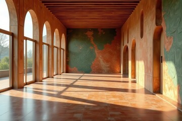 Sunlit Hallway with Arched Windows and Abstract Mural