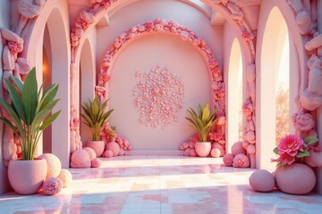 Serene Pink Architectural Interior with Lush Greenery and Textured Walls
