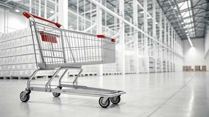 Shopping cart in large warehouse with high shelves, bright lighting, and polished floor reflecting sense of backhaul and cost efficiency