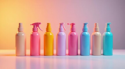 Pastel-colored bottles of various shapes and sizes arranged in a row against a gradient background.  A vibrant and stylish product display.