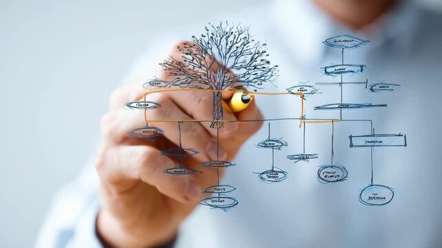 Drawing decision tree diagram with pen on transparent screen illustrating creative business planning strategy, growth ideas, hand drawing flowchart, tree illustration for strategic problem solving