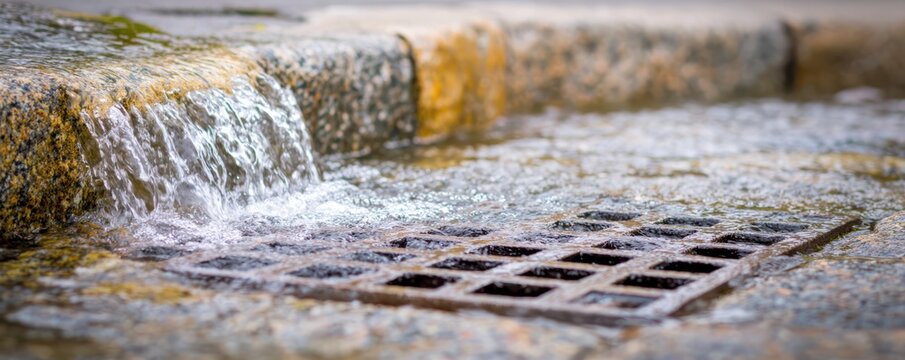 Urban rainwater drainage with water flowing through open manhole for infrastructure management