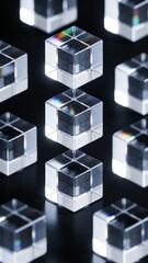 Abstract 3D grid of glass cubes with rainbow light refraction on black