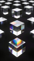 Futuristic glass cubes with colorful light dispersion and spectrum effects on dark background