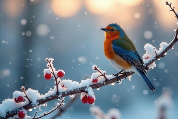 A vibrant winter bird perched on a snow-laden branch adorned with bright red berries, bathed in the soft glow of the setting sun.