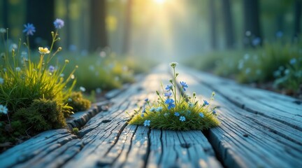 Serene Sunrise Delicate Blue Flowers Flourishing on a Rustic Wooden Path Amidst a Verdant Meadow