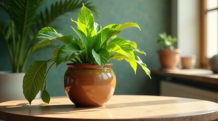 A vibrant green potted plant with broad leaves sits on a light wooden table, bathed in sunlight streaming from a nearby window, creating a serene indoor scene