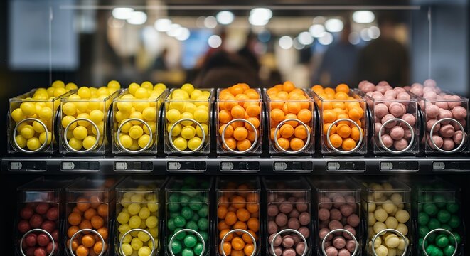 A close up view of a vending machine displaying rows of colorful round candies in clear dispenser compartments including yellow orange pink red green and brown candy sweets gumballs