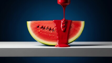 Watermelon slice with red liquid flow