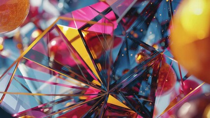Abstract colorful geometric shapes with reflective surfaces and bright light effects create dynamic vibrant composition full of energy depth and glowing spherical elements in futuristic atmosphere - Powered by Adobe