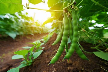 Close-up of fresh green bean pods growing on a vine in a field, bathed in the soft glow of morning sunlight, showcasing healthy agriculture
