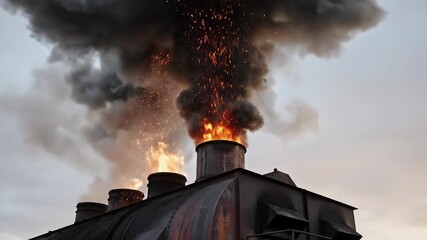 Vintage industrial engine belching smoke and flames against a dusky sky