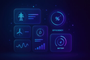 Predictive maintenance dashboard displays efficiency metrics and battery status with vibrant graphics for enhanced data visualization