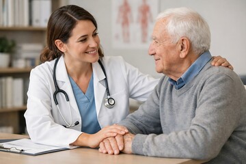 Fototapeta premium Caring Female Doctor Comforting Elderly Male Patient with Trust and Support in Clinic