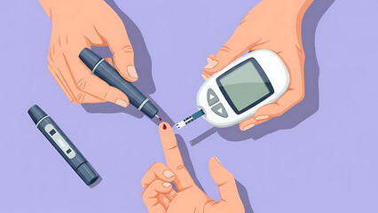 Illustration of hands using a lancet to draw blood and a glucometer to measure blood sugar, emphasizing diabetes monitoring, blood testing, and glucose management for health awareness