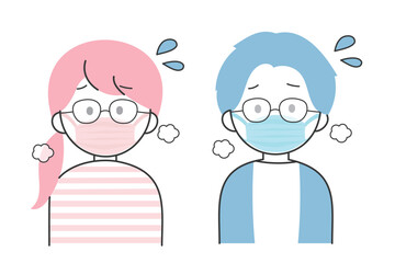 マスクの蒸気でメガネが曇って見えにくい男女のフラットイラストセット