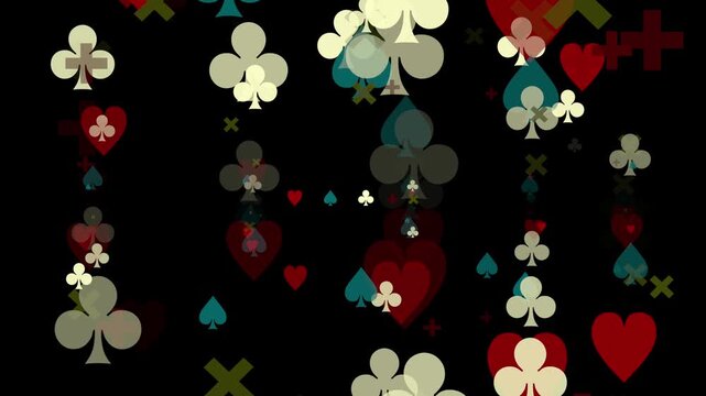 An abstract animation where various card suit symbols&mdash;hearts, clubs, and spades&mdash;float and drift vertically across a black background in shades of red, cream, and teal.