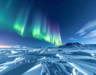 Spectacular green and purple aurora borealis over snowy landscape