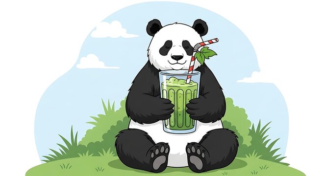 Panda sitting with bamboo outdoors.