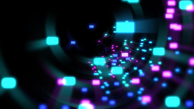 A dynamic fly-through of a dark void filled with glowing, rectangular pink and blue particles that zoom past the camera, creating a sense of high-speed digital travel.