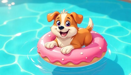 Cute dog swimming with pink donut float in pool