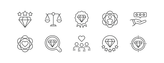 Values and Rating Icon Set Featuring Diamonds, Stars, and Human Elements in Line Style with Editable Strokes