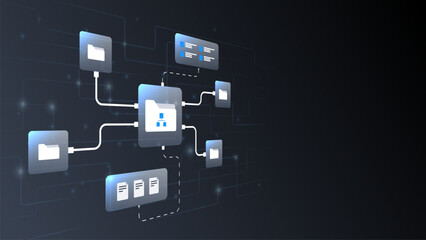 Management workflow digital file. management system network diagram with connected folders and data flow.