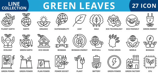 Green leaves icon set outline style icon set collection vector illustration