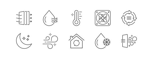 Air Conditioning Icon Set with Editable Stroke in Line Style, Featuring Ventilation, Temperature, and Humidity Control Elements