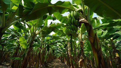 Sun-drenched rows of verdant banana plants stretch into the distance, revealing bountiful clusters of green fruit within a vibrant agricultural landscape
