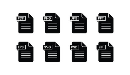Document File Format Black Silhouette Icon Set, Representing PDF, PNG, JPG, PPT, EPS, SVG, PSD, and ZIP