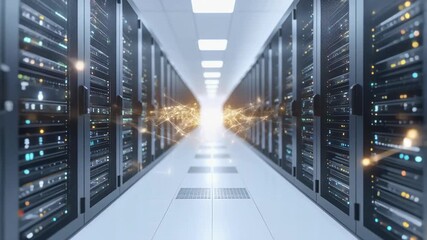 Futuristic data center servers corridor illuminated with blue lights. - Powered by Adobe