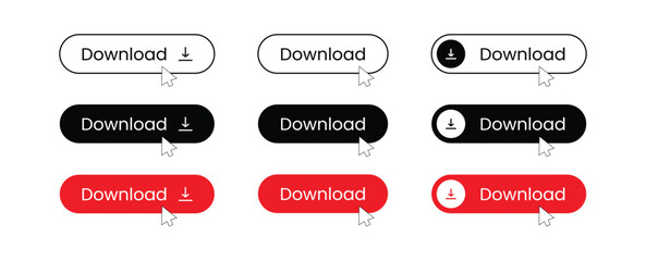 Download Button Icon Set with Multiple Styles, Editable Vector Silhouettes and Line Search Bar Icons