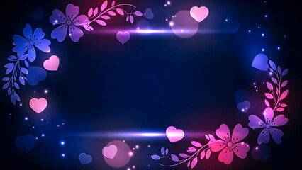 Glowing pink and blue floral branches with hearts and bokeh lights