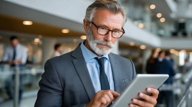 Business Acumen: A distinguished gentleman, clad in a tailored suit and glasses, engages with a tablet device, symbolizing business acumen and focused thought in a modern workspace.