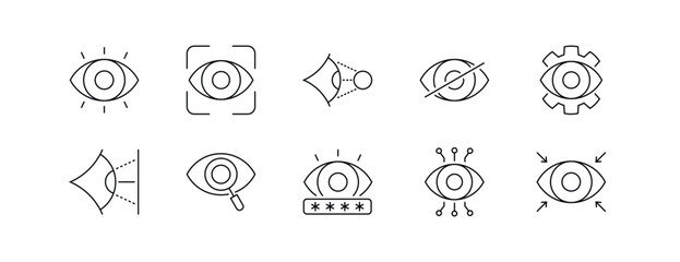Eye Icon Set Featuring Vision, Focus, and Security Symbols in Line Style with Editable Strokes